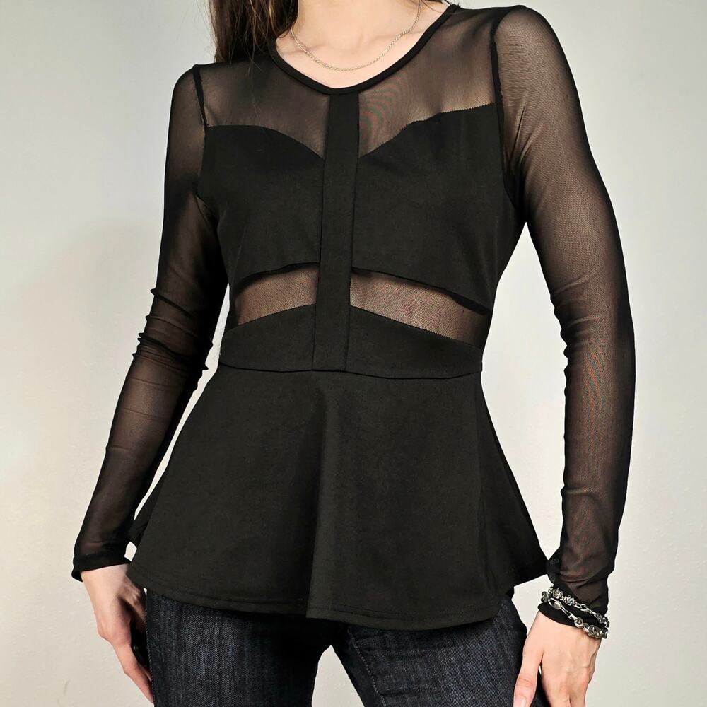 Black Mesh Peplum Top Sheer Cutout Goth Size Medium Romeo & Juliet Couture